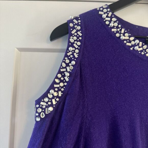 INC Concepts Jewel Cut Out Sweater L Purple Cashmere Silk Holiday Cold Shoulder - Picture 2 of 11